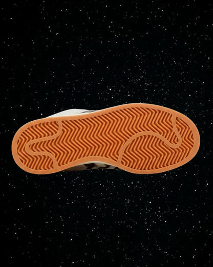 Bottom view of LegitGCC Adidas Campus Platinum sneaker featuring a classic gum rubber herringbone traction outsole