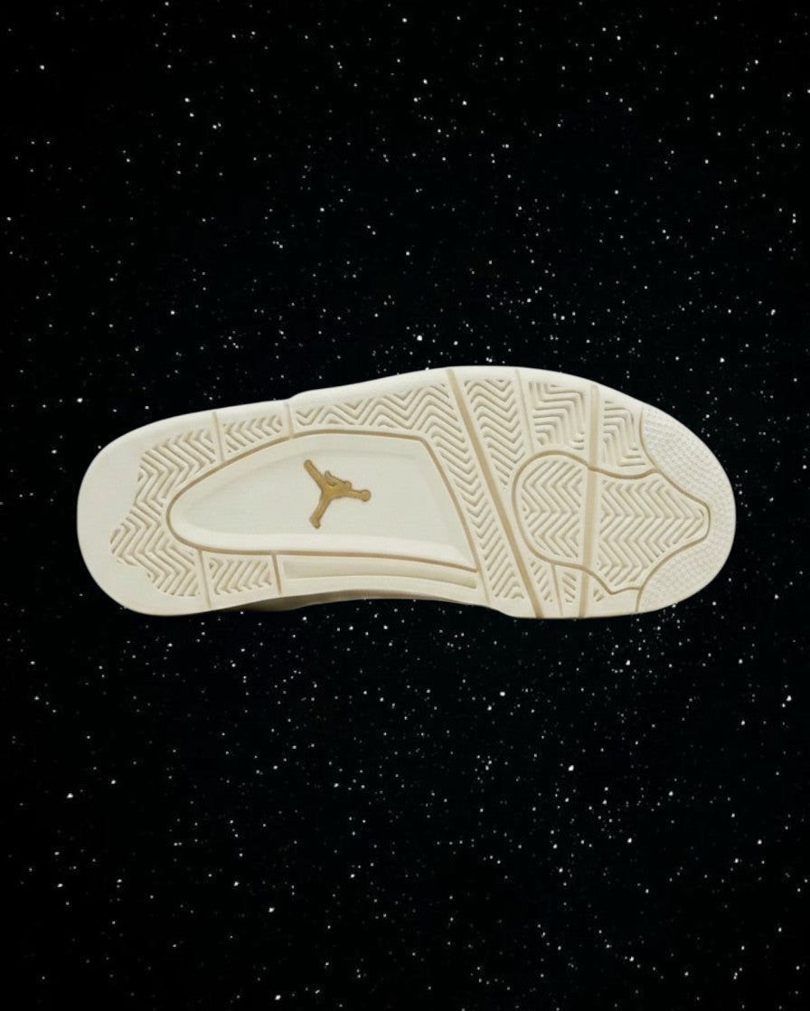 LegitGCC Jordan 4 Gold Metallic sneaker showing the cream-colored rubber outsole with a gold Jumpman logo