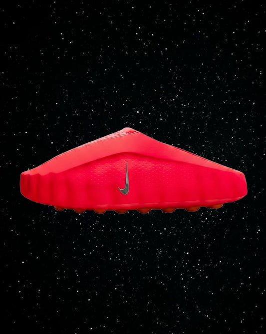 LegitGCC Nike Mind 001 slides in solar red featuring a sleek, molded foam design and a metallic silver Swoosh logo.