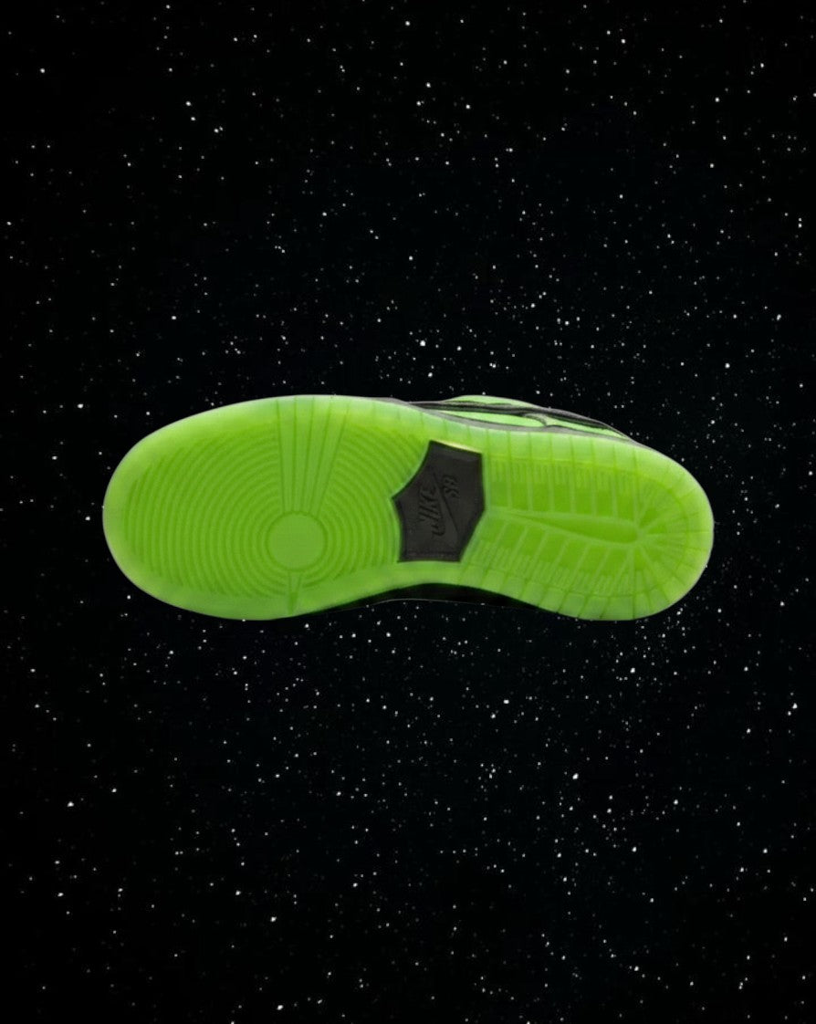 LegitGCC Powerpuff Girls x Nike SB Dunk Buttercup sneakers showing the bright green translucent rubber outsole