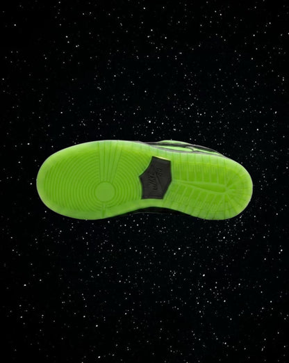 LegitGCC Powerpuff Girls x Nike SB Dunk Buttercup sneakers showing the bright green translucent rubber outsole